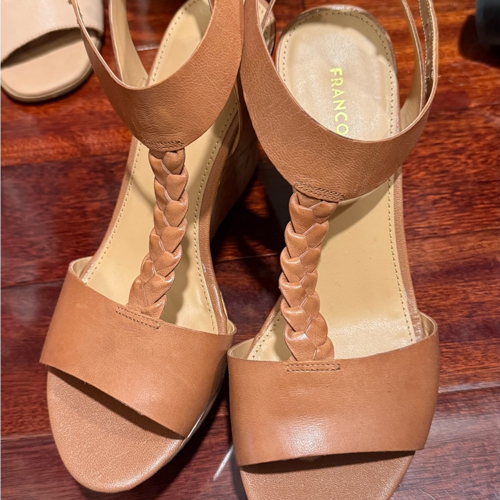Franco Sarto tan braided T-strap wedge sandals